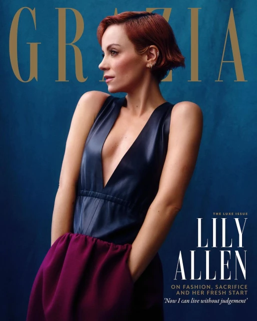Lily Allen on the cover of Grazia magazine, wearing a black top and pink skirt against a teal background with the magazine logo at the top.