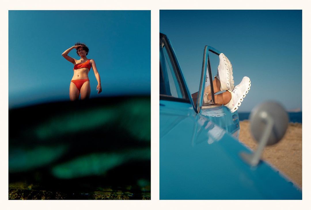 Woman in a red bikini standing in the ocean with a blue convertible car on the shore under a clear blue sky in a split-screen shot.