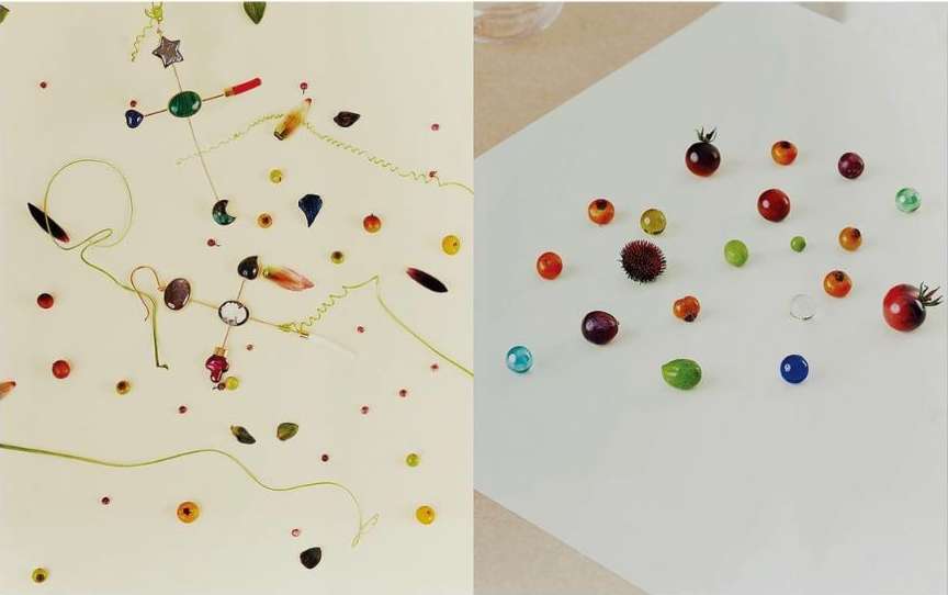 Still life food photography featuring fruits, vegetables, and floral elements on a divided white surface, arranged in a minimalist composition.
