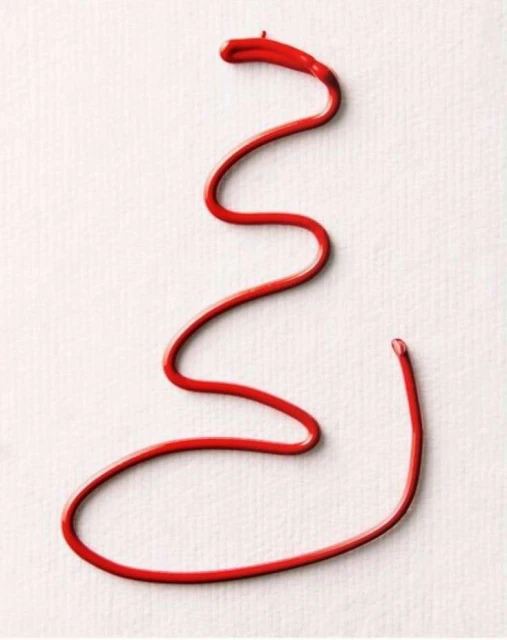 Abstract artwork featuring a single, curving line of thick red paint against a textured white canvas background, creating a minimalist aesthetic.