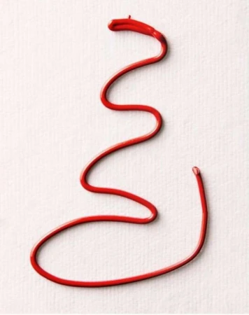 Abstract artwork featuring a single, curving line of thick red paint against a textured white canvas background, creating a minimalist aesthetic.