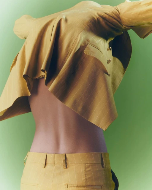 Back view of person wearing yellow pinstripe suit jacket and trousers, set against a green backdrop in a fashion studio setting.