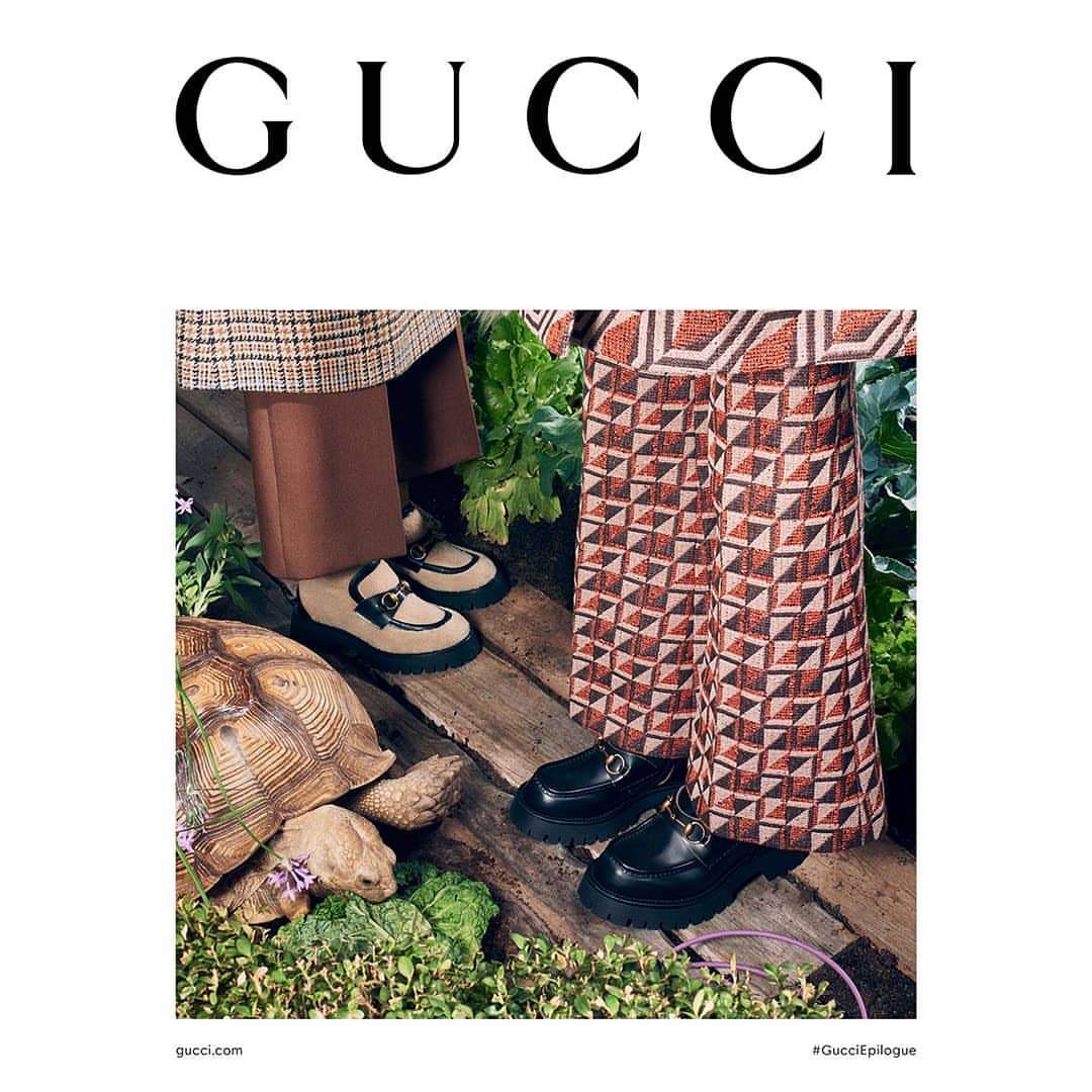 Gucci fashion campaign featuring two women wearing Gucci loafers, one with patterned pants, next to a tortoise on a wooden path.