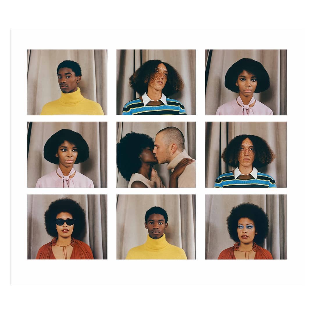 Grid of nine portraits featuring diverse models in retro-inspired fashion against neutral curtain backdrop in a studio environment with soft, diffused lighting.
