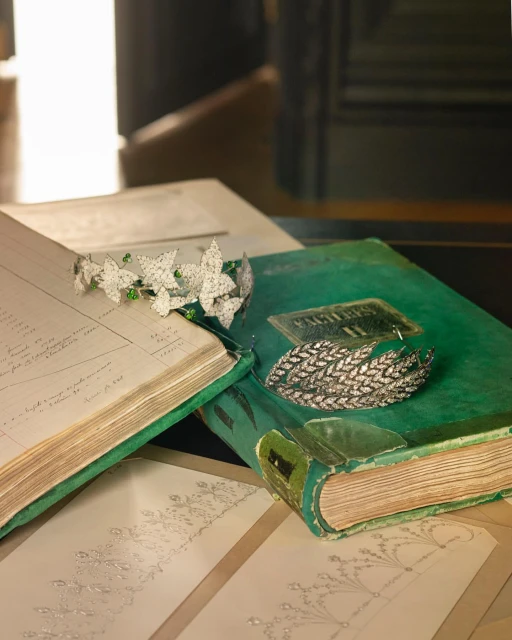 Elegant jewelry on antique books and documents featuring a floral tiara, leaf-shaped brooch, and vintage-style ledger.