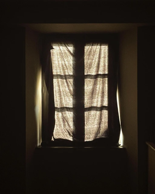 Sunlight streams through a paneled window covered by a neutral-toned curtain in a darkened room, creating a dramatic contrast.