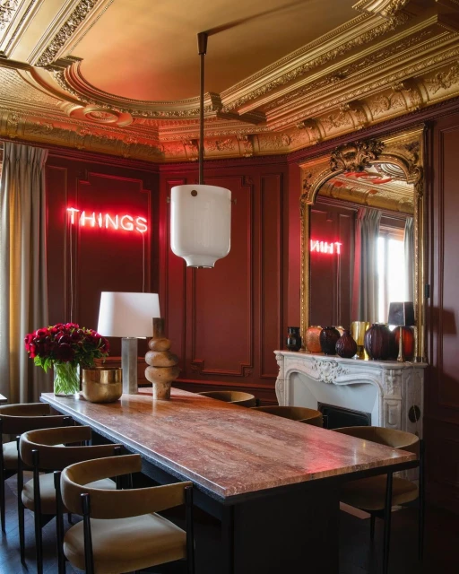 Ornate interior dining room featuring a long table, chairs, modern pendant light, and red neon sign in a room with decorative moulding.