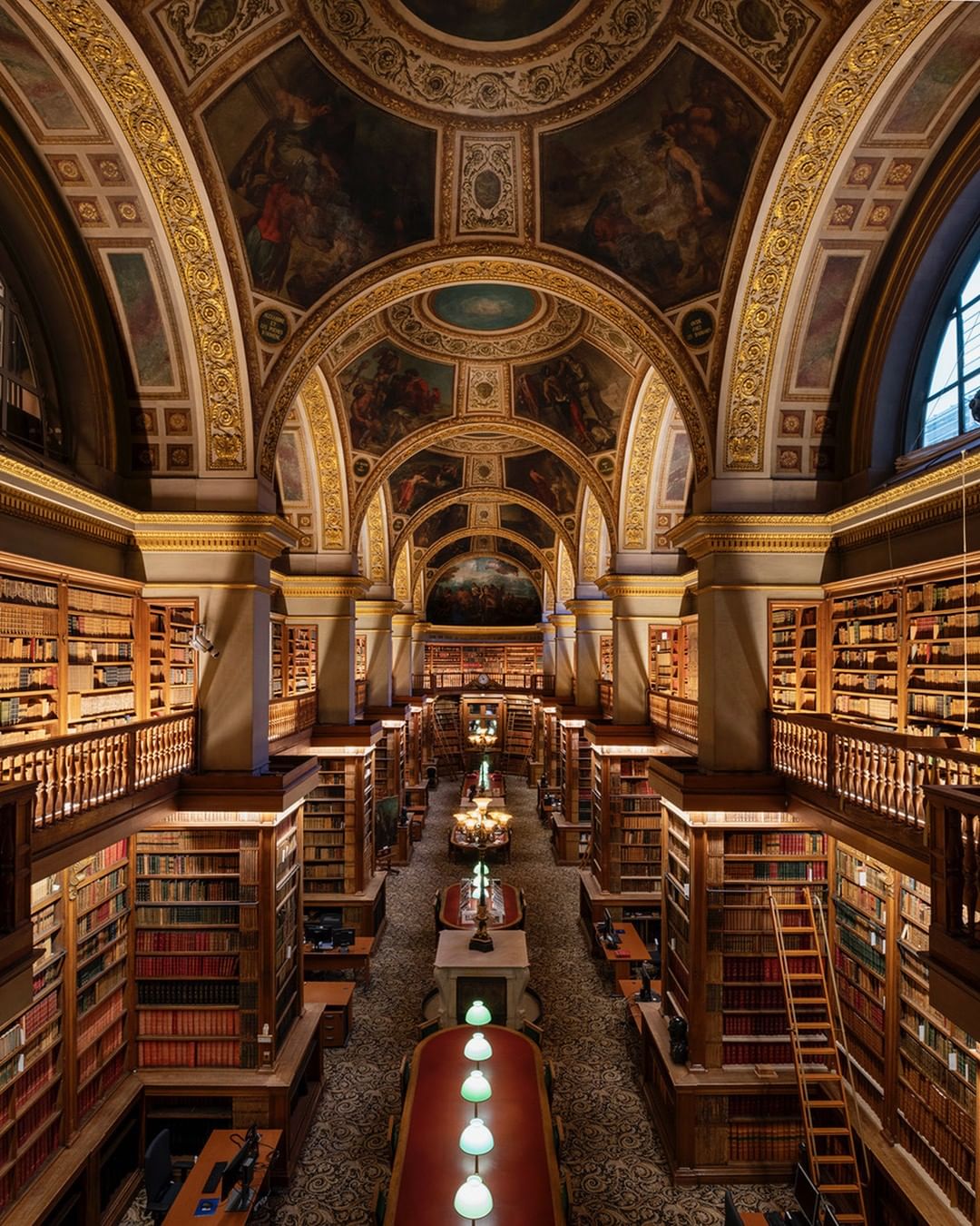 Ornate library interior featuring rows of bookshelves under arched ceilings with paintings and gold accents, viewed from an elevated perspective.
