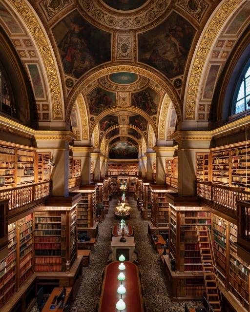 Ornate library interior featuring rows of bookshelves under arched ceilings with paintings and gold accents, viewed from an elevated perspective.
