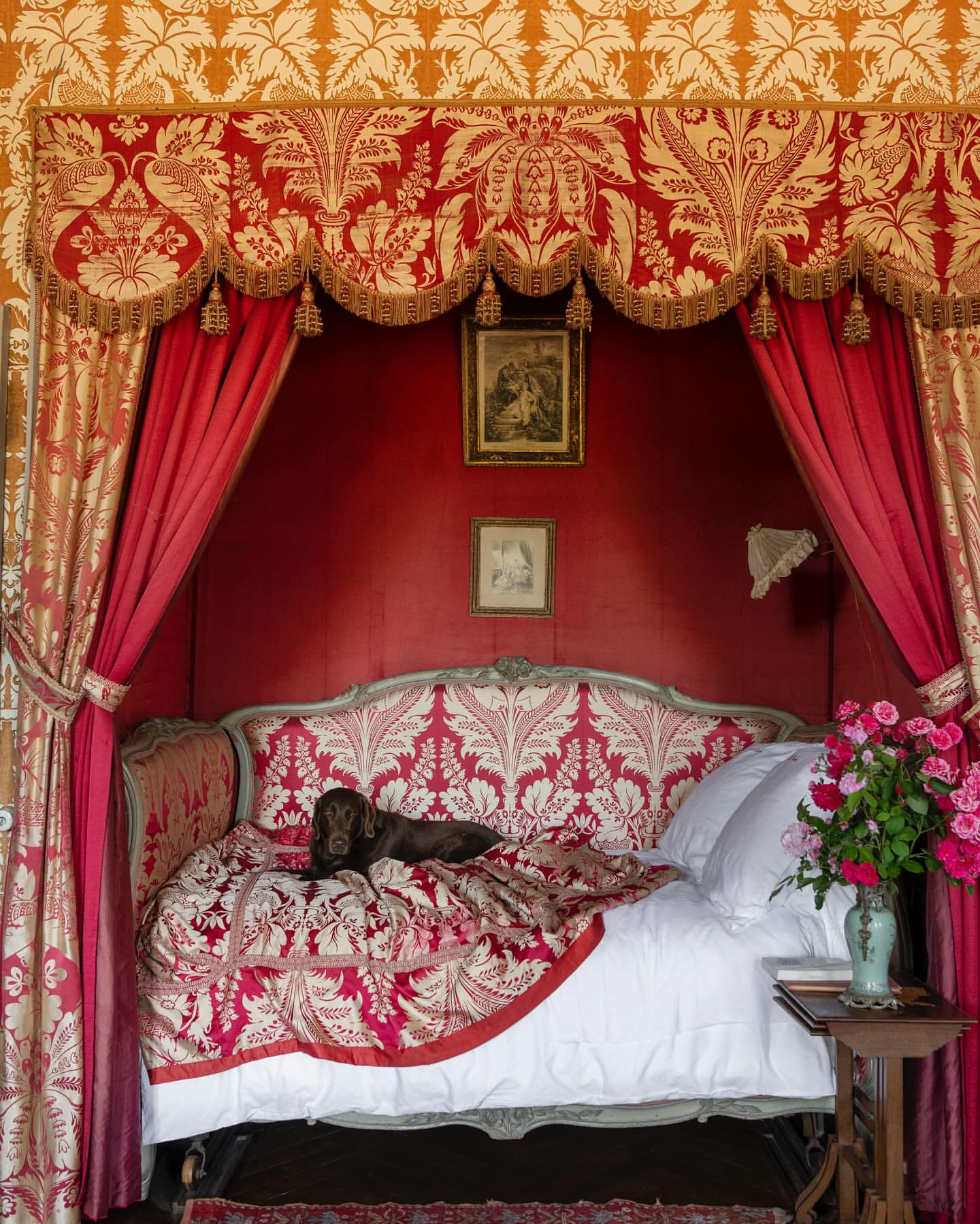 Canopy bed with patterned linens and curtains, a brown dog lying on top of the bed, pink roses in vase on table in foreground.
