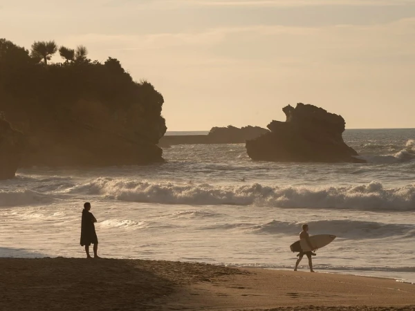 Silhouetted figures on a sandy beach with crashing ocean waves, rocky cliffs, and distant trees under an overcast sky.