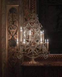 Ornate crystal candelabra with lit white taper candles resting on a carved marble mantelpiece in Paris