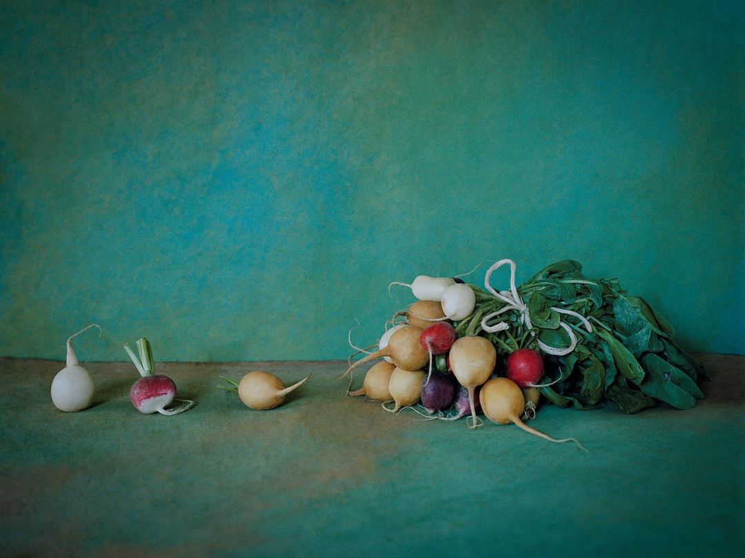 Still life of various colorful radishes and radish greens tied with twine on a tabletop with a blue and green mottled background.