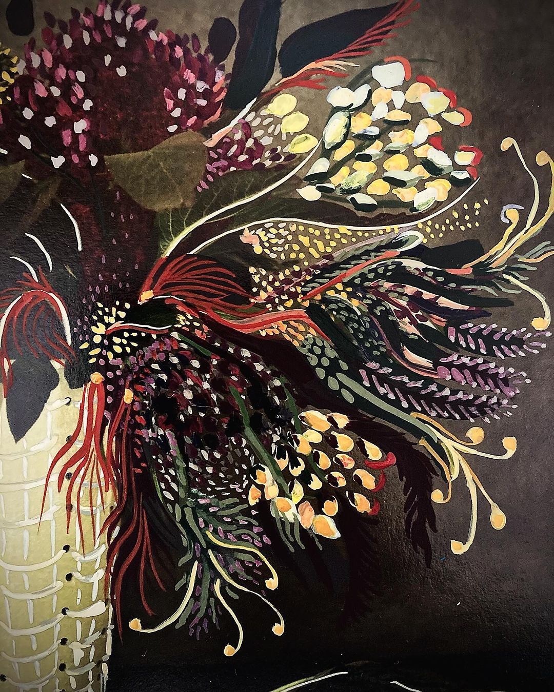 Painting of a vase filled with stylized protea flowers in dark, moody tones. The painting is an illustration with rich textures.