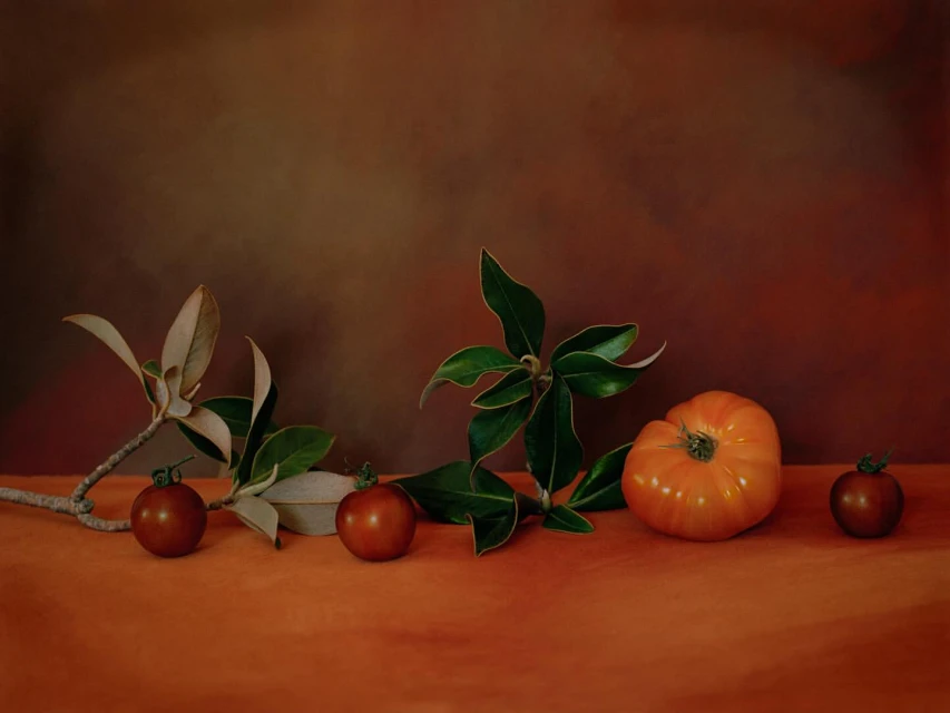 Still life featuring an arrangement of tomatoes and green leafy stems against a warm brown backdrop, evoking a classic artistic mood.