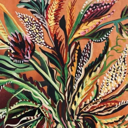 Detailed botanical painting with stylized floral arrangements in earthy tones and vibrant greens by Amélie Chassary