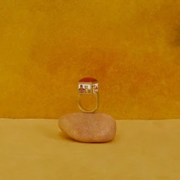 An ornate architectural ring resting upright on a smooth pebble against a warm textured ochre and sand background.