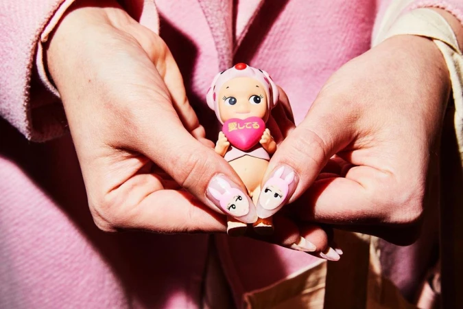Close-up shot of a person holding a Sonny Angel doll with a pink heart in their manicured hands against a pink background.