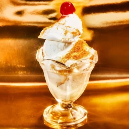 An ice cream sundae in a glass cup topped with whipped cream, sprinkles, and a single red cherry against a golden background