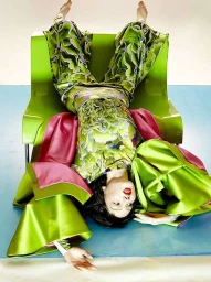 Model lying upside down on a green chair wearing floral patterned trousers and a satin green and pink coat in Paris.