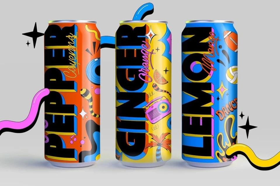 Three colorful drink cans with bold text and playful designs against a neutral background, showcasing creative product packaging.