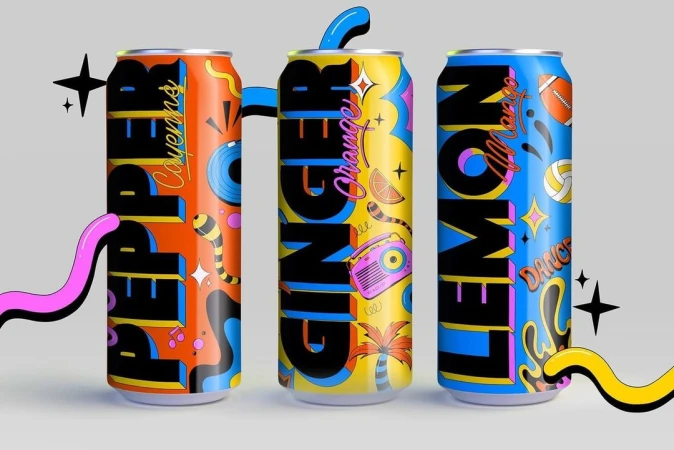 Three colorful drink cans with bold text and playful designs against a neutral background, showcasing creative product packaging.