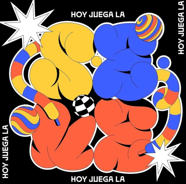 Graphic art features an abstract design with colorful rounded forms, a soccer ball, and the repeated text 'HOY JUEGA LA' against black.