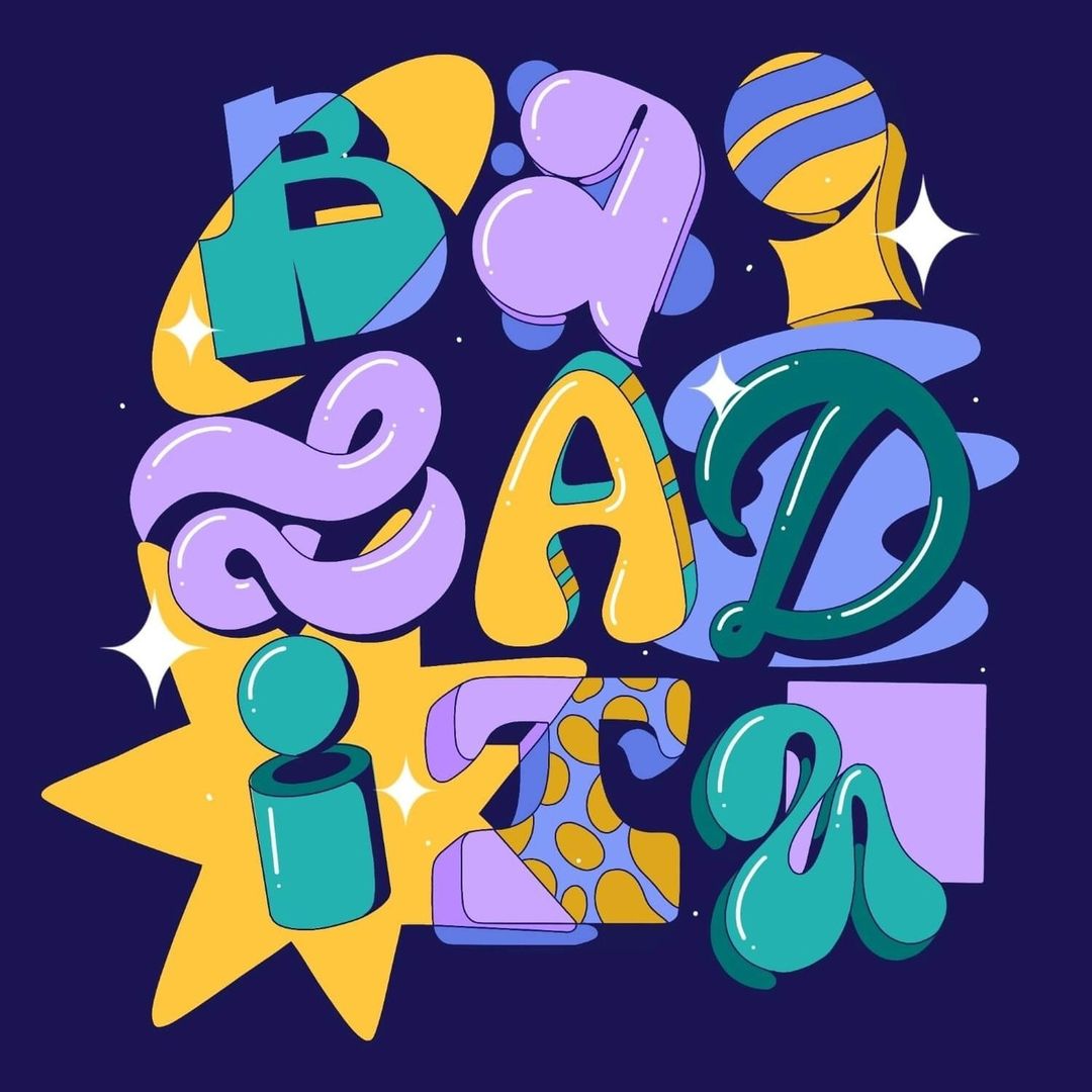 Vibrant vector illustration with purple, yellow, and turquoise block lettering against a deep blue background, accented with stars and shapes.