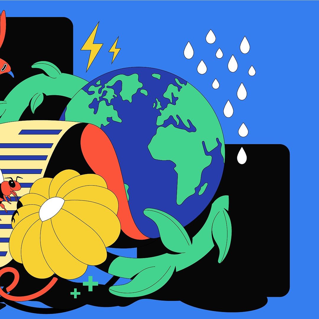 Whimsical graphic design with a globe, stylized raindrops, lightning bolts, flower, vine, and insect illustrations on a blue backdrop.