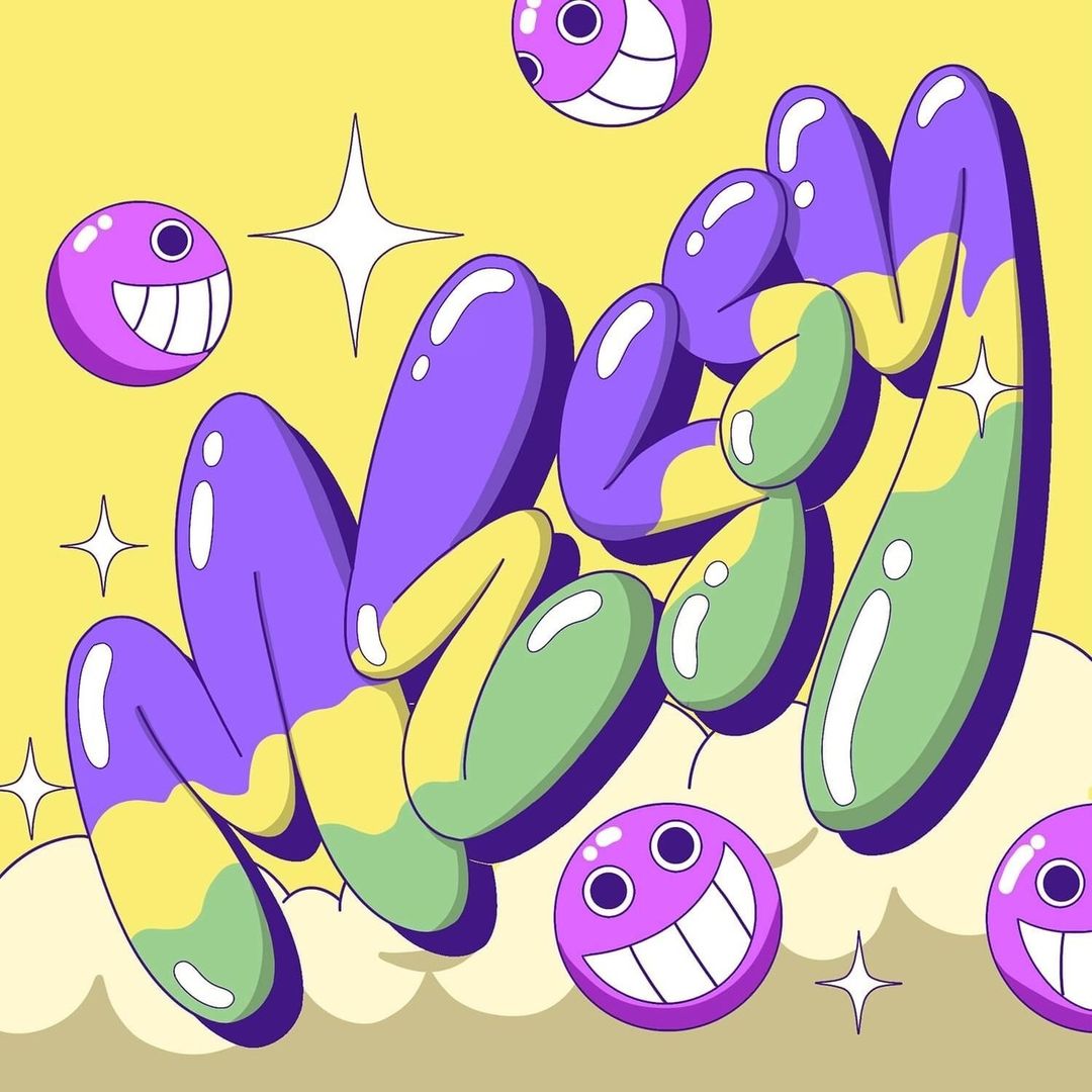 Cartoon illustration of purple, green, and yellow stylized word art with smiling face orbs and white stars over yellow background.