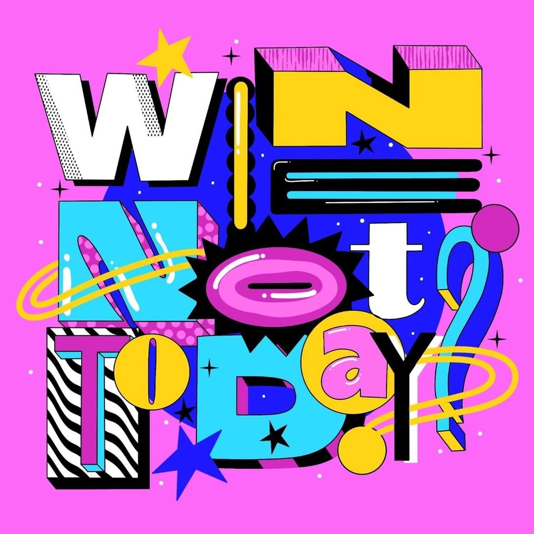 Bold graphic illustration in bright pink, yellow, and blue, featuring the word 'Winterday' with geometric shapes and star accents.