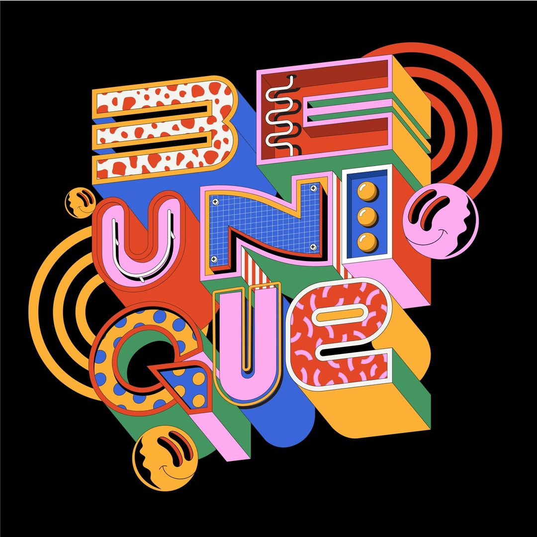 Colorful 3D rendered block letters spelling UNIQUE against a black background, with yellow smiley face accents and concentric circle graphics.