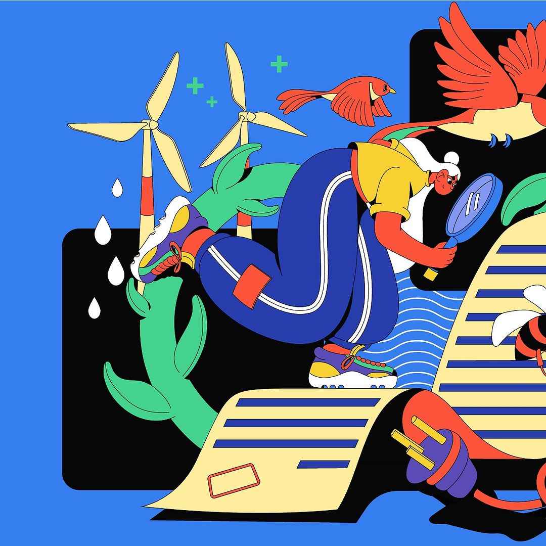 Illustration of a person with a magnifying glass examining plants, windmills, birds, an electrical plug, and a bee on a blue background.
