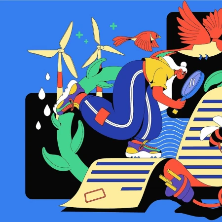 Illustration of a person with a magnifying glass examining plants, windmills, birds, an electrical plug, and a bee on a blue background.