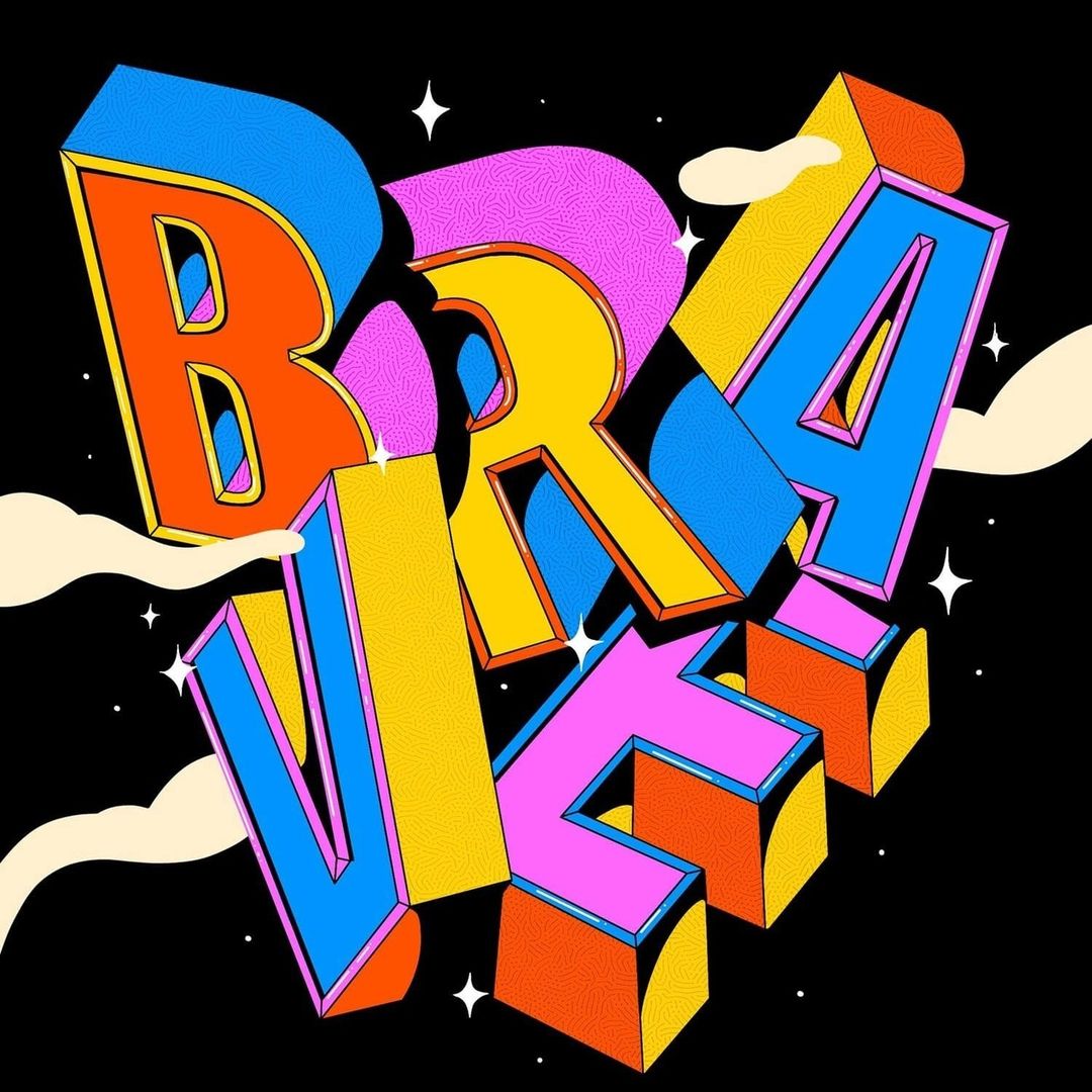Colorful 3D block letter illustration of the word 'BRAVE' against a black background with white stars and cloud accents.