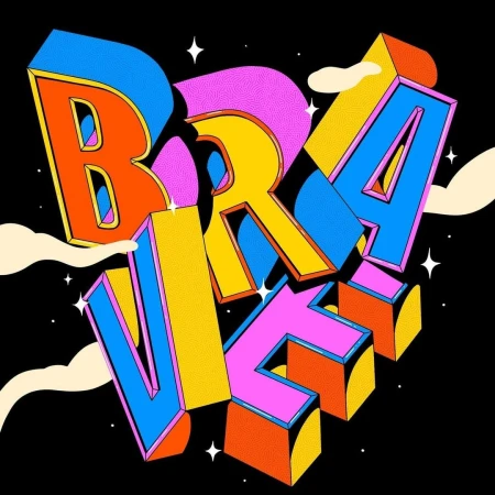 Colorful 3D block letter illustration of the word 'BRAVE' against a black background with white stars and cloud accents.