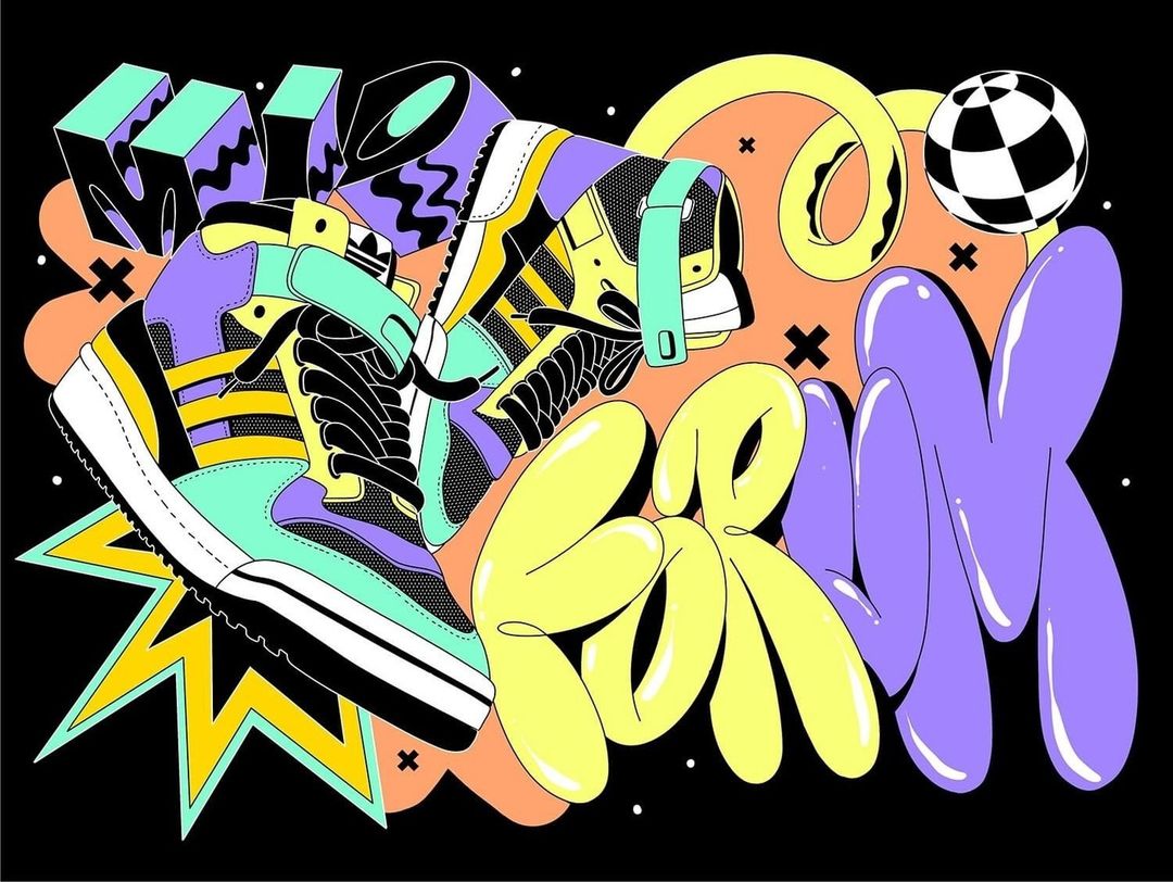 Stylized illustration of an Adidas sneaker against a vibrant, abstract background featuring bold colors and dynamic shapes and typography.