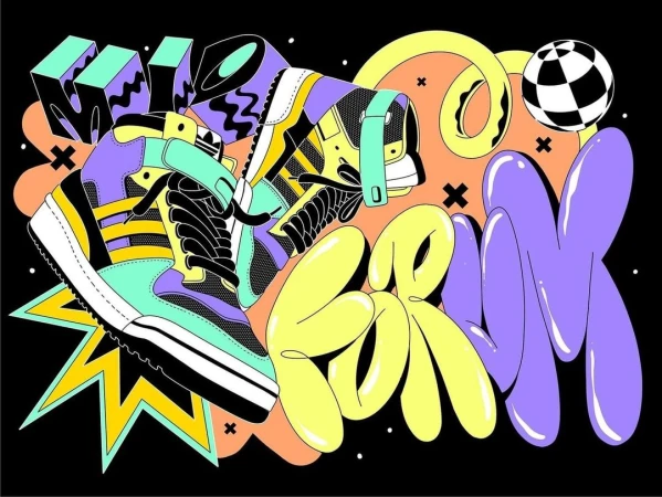 Stylized illustration of an Adidas sneaker against a vibrant, abstract background featuring bold colors and dynamic shapes and typography.