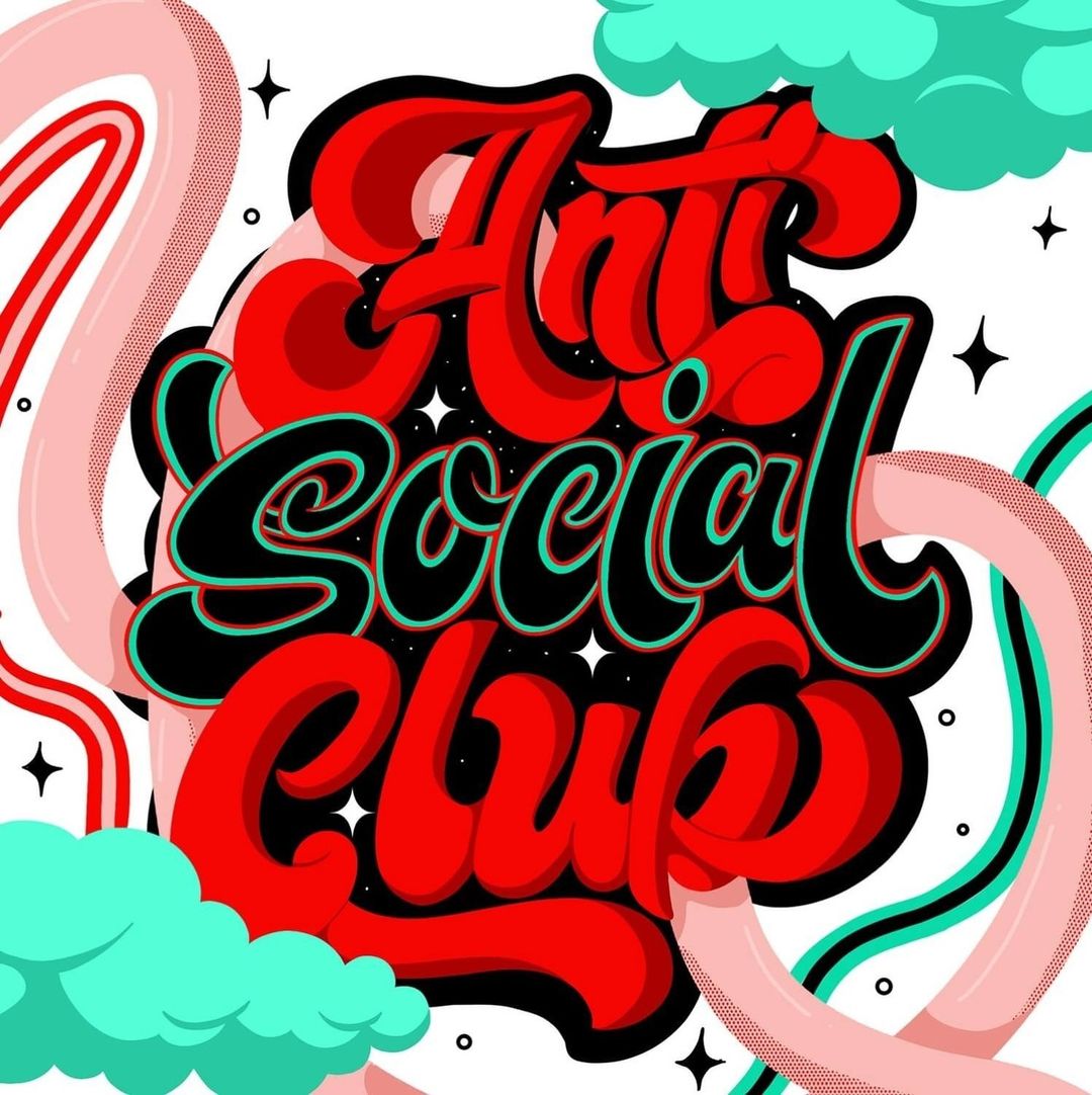 Whimsical vector art spells out 'Anti Social Club' in bold red lettering with a black outline, set against playful clouds and lines.