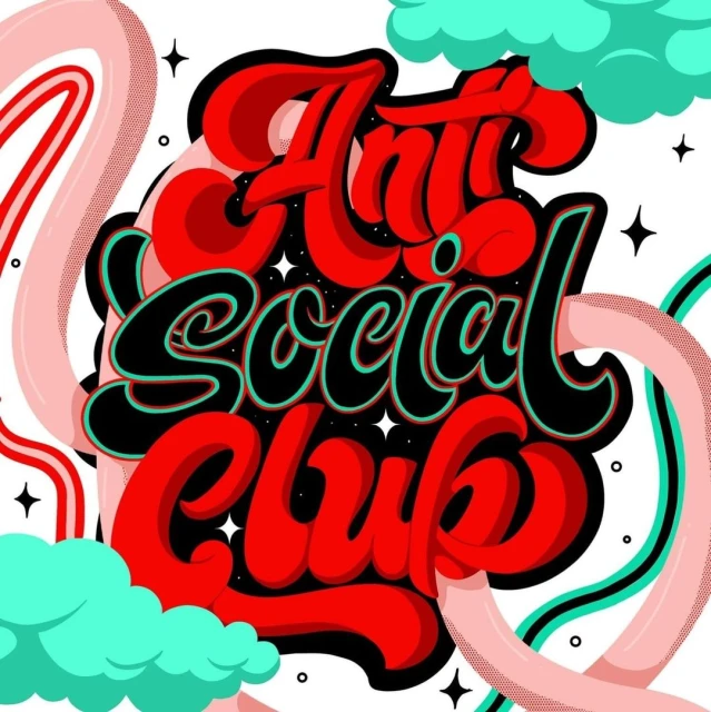 Whimsical vector art spells out 'Anti Social Club' in bold red lettering with a black outline, set against playful clouds and lines.