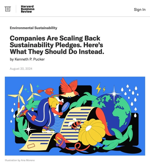 Illustration for environmental sustainability article shows figure examining sustainability commitments against an Earth backdrop.