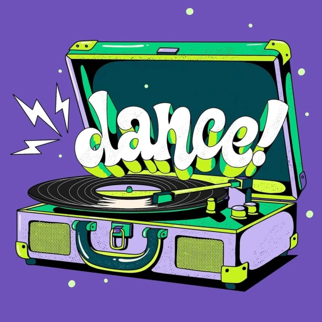 Whimsical vector art of a vintage suitcase-style record player with a black vinyl record and the word 'dance!' in bold, white lettering.