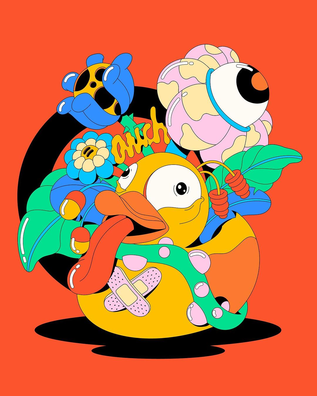 Whimsical cartoon duck illustration with flowers, eyeball, snake, and band-aids against a red background in a vector art style.