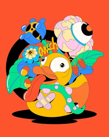 Whimsical cartoon duck illustration with flowers, eyeball, snake, and band-aids against a red background in a vector art style.