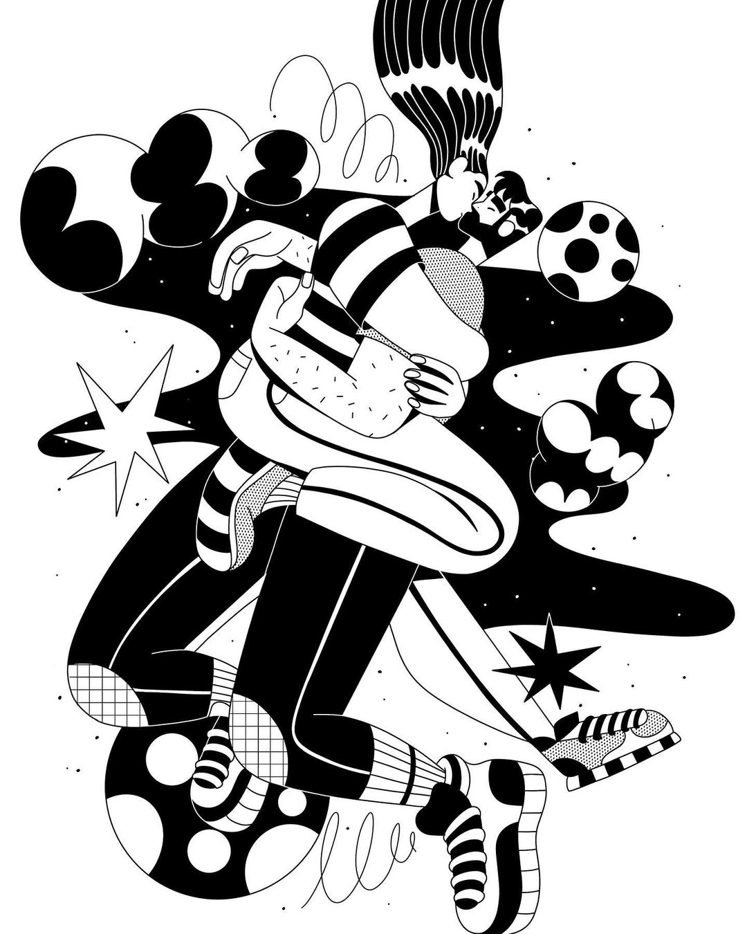 Abstract illustration of a couple embracing in black and white with graphic star and circle accents against a dark background.
