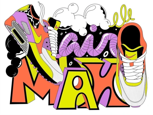 Illustration of two Nike Air Max sneakers with colorful accents against a backdrop of stylized clouds and bold lettering.
