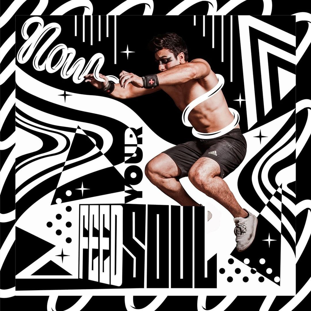 Athletic man in motion wearing black shorts and white shoes in a stylized black-and-white setting with dynamic patterns and typography.