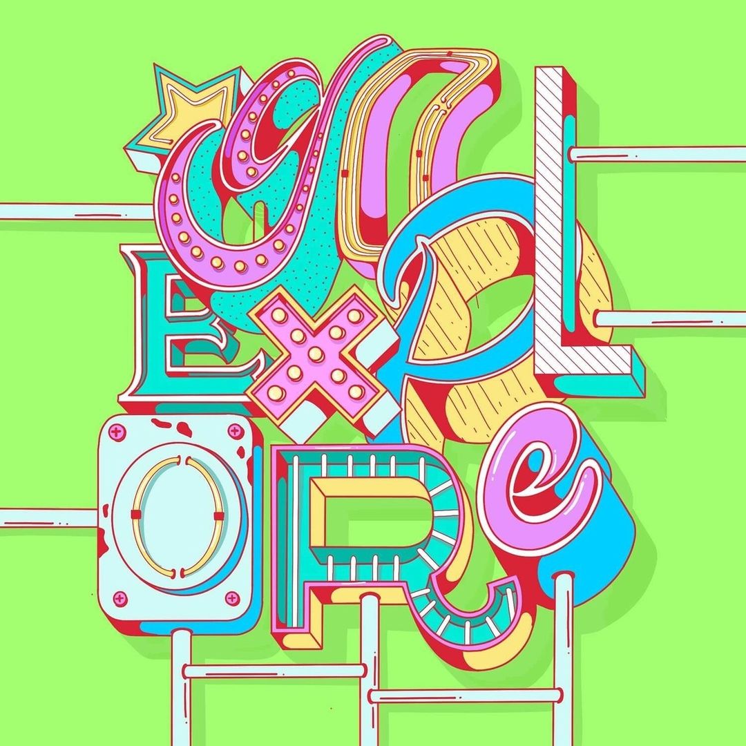 Graphic art of the word 'Explore' in stylized, colorful letters with geometric shapes and neon-like accents, set against a green backdrop.