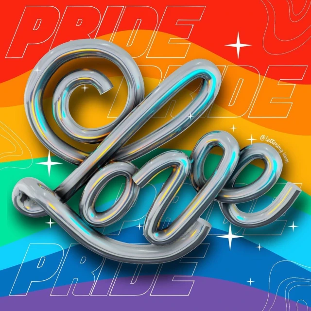 Abstract graphic art featuring the word 'Love' in silver, presented over a vibrant rainbow background with white text 'Pride'.