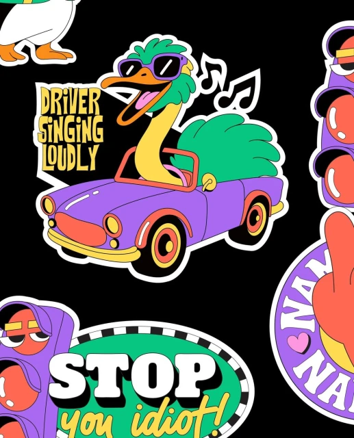 Illustration of an ostrich wearing sunglasses driving a purple cartoon car with music notes, stickers, and graphic design elements.